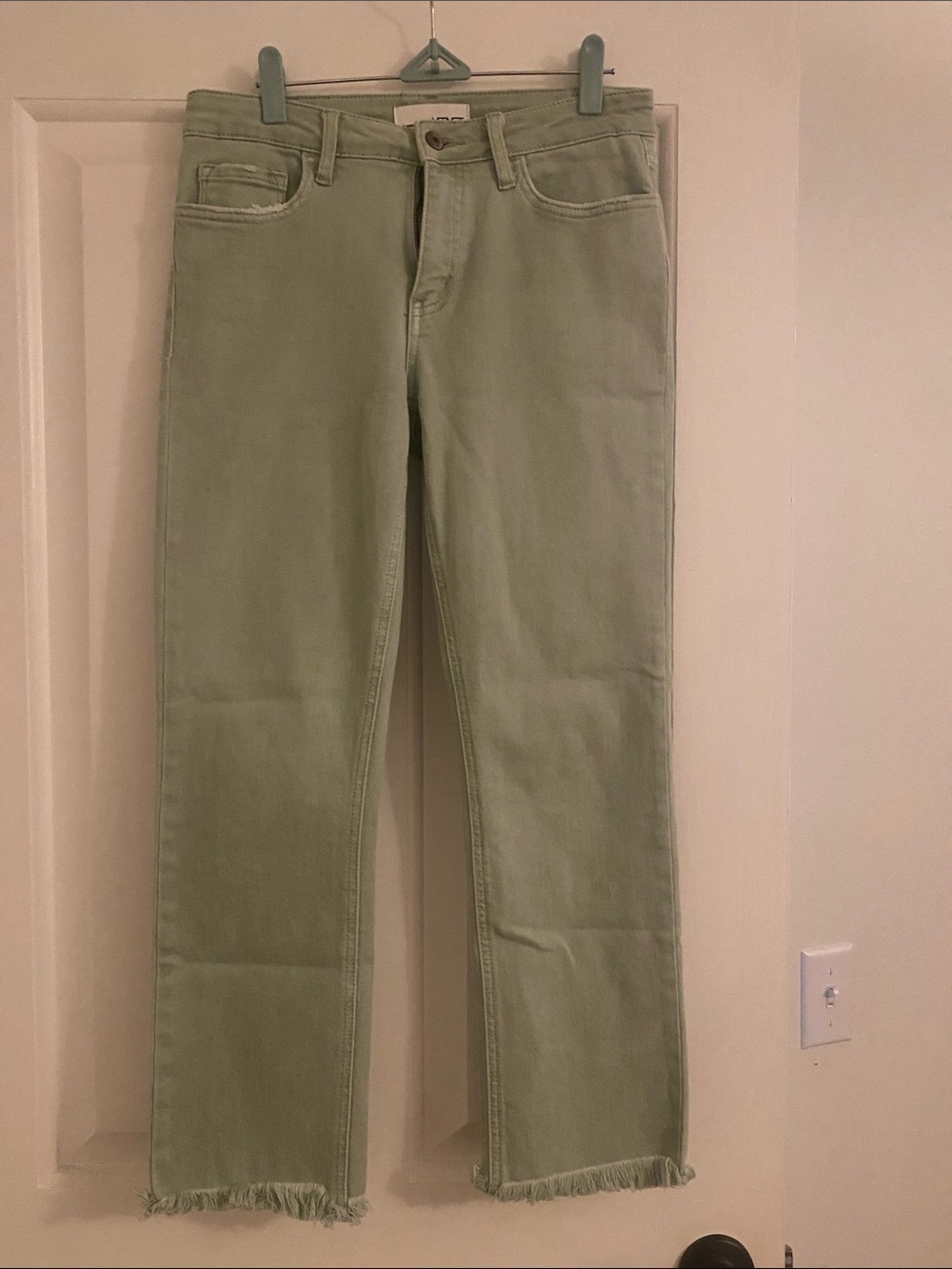 Cropped Straight Jeans in Sage Green with Raw Hem